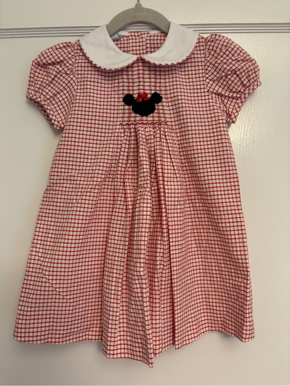 Red Gingham Peter Pan Collar Kids Dress with Embroidered Minnie Mouse silhouette